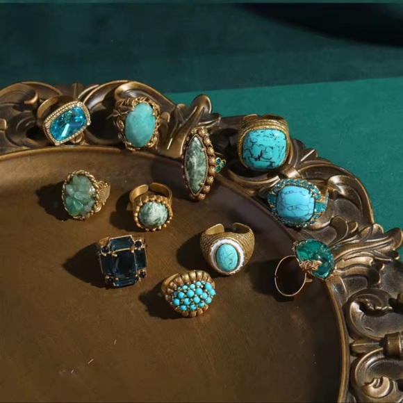 Antique Couture Malachite&Crystal Ring Bold Luxury Statement Piece - Picture 3 of 4